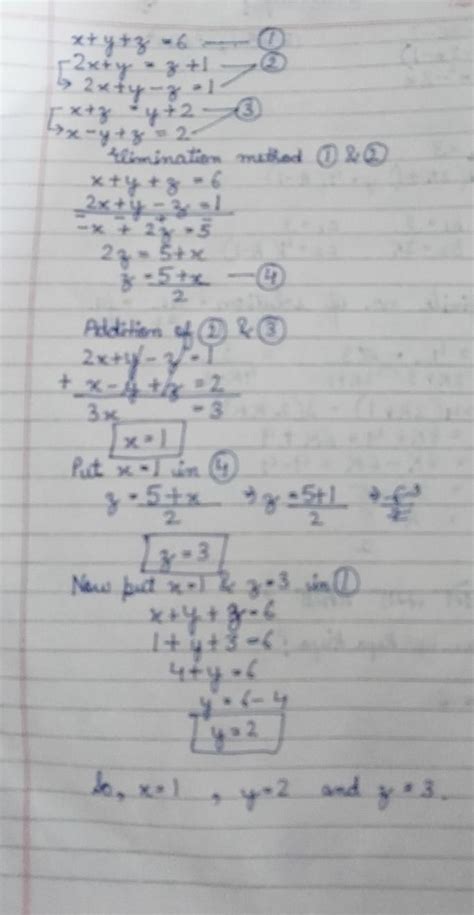 Using elimination method solve,x+y+z=6,2x+y=z+1,x+z=y+2 - Brainly.in