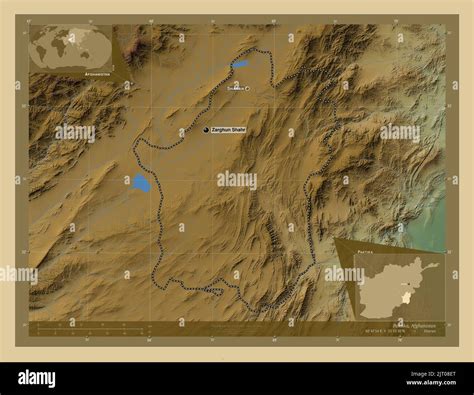 Paktika, province of Afghanistan. Colored elevation map with lakes and rivers. Locations and ...