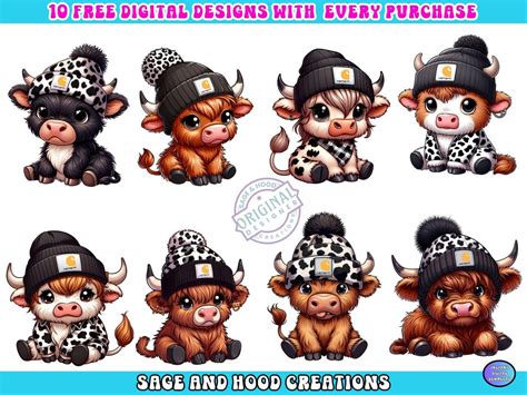 Buy Cute Highland Cow PNG, Kawaii Cow Clipart, Leopard Beanie Hat, Farm ...