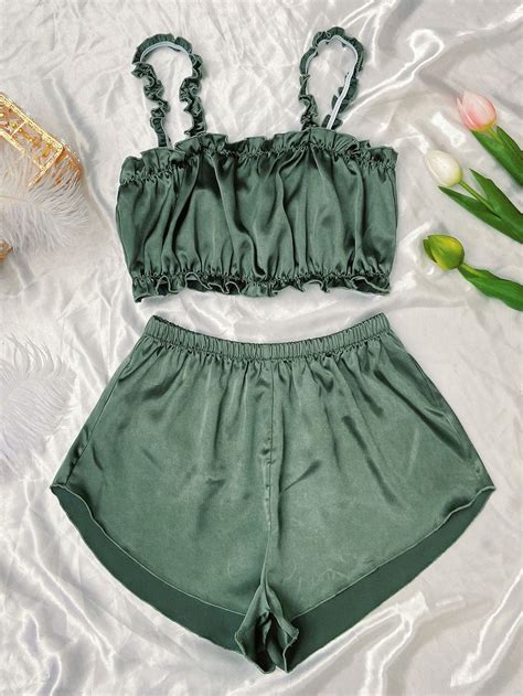 Frill Trim Satin Night Set | Satin pyjama set, Cute pajama sets, Pajama set