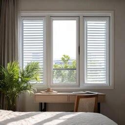 L Shaped Modern Window Design With Sliding Glass Shutters