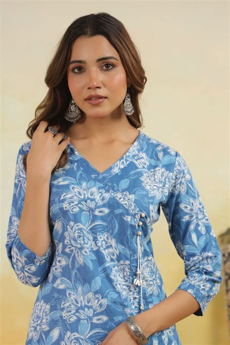 Blue Blooms Angrakha Kurti – jaipurvastrakala