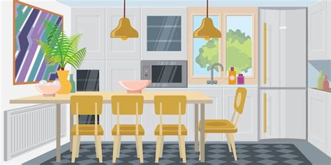 Modern cozy kitchen combined with dining room | Free Vector