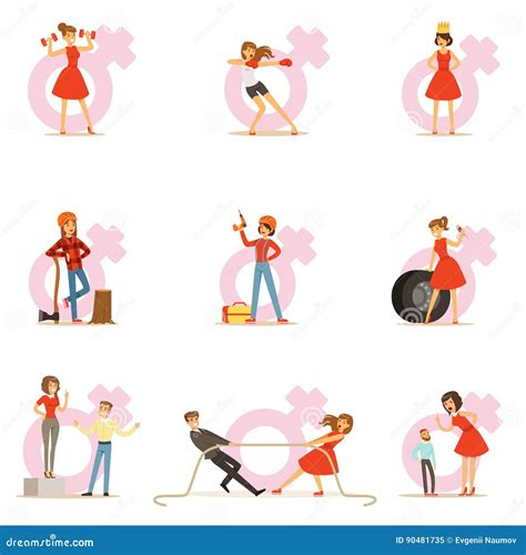 Woman in Red Dress Taking on Traditional Male Roles and Exchanging ...