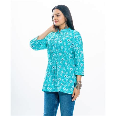 Ekisha's women pleated C-green multicolor printed cotton tunic top sho