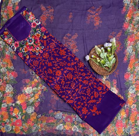 Crepe Dark Purple With Orange Suit Fabric / Phoolon Ka Ghar – Studio CKC