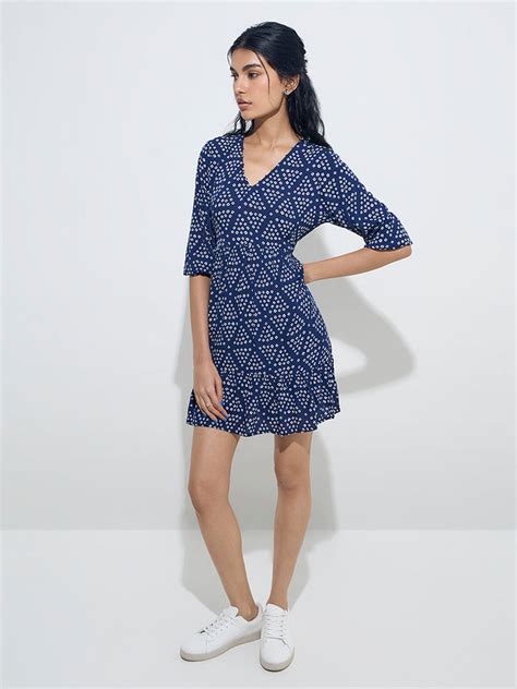 Buy Bombay Paisley Navy Bandhani Printed Cotton A-Line Dress from Westside