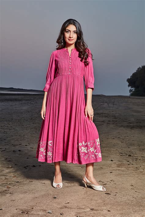 Rani Pink Cotton Midi Dress with Embroidered Hem