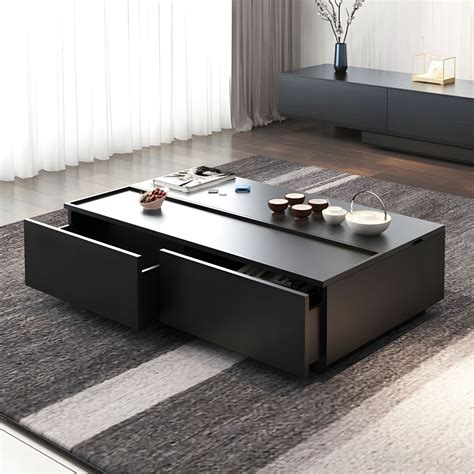Modern Rectangular Black & Wood Coffee Table with Storage and Drawer ...