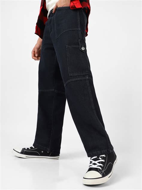 Men's Dark Grey Loose Baggy Fit Washed Cargo Jeans with 6 Pockets Non ...