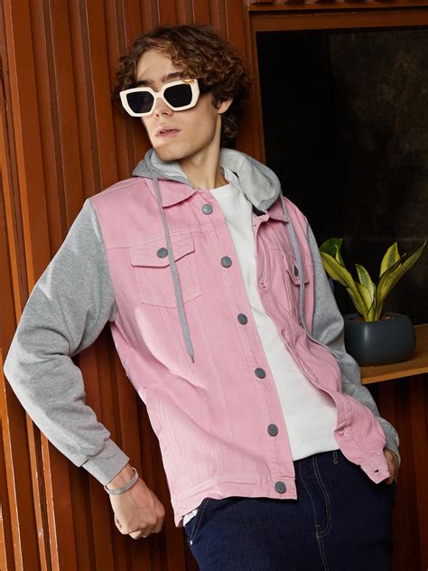 ₹1,299 | Campus Sutra men Bubblegum Pink & Coin Grey Block Denim Jacket ...