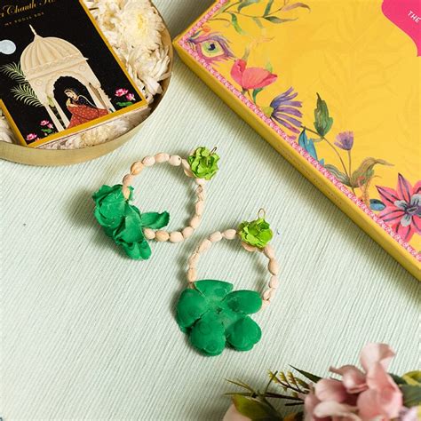 Buy Minimalist Rose Hoops Green Earring Set Online in India - Mypoojabox.in