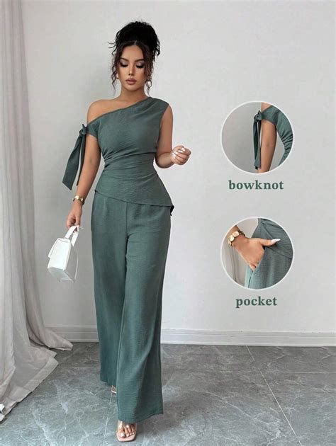 Elenzga Women 2pcs Set Elegant Design Asymmetric Shoulder Tie Gathered ...