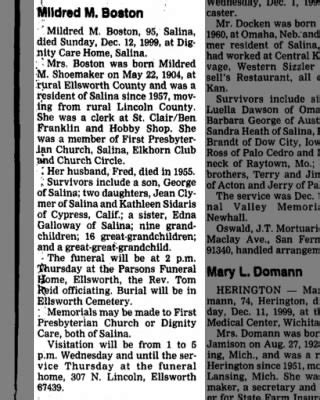 Great Aunt Mildred Boston's Obituary 1999 from Salina Journal ...