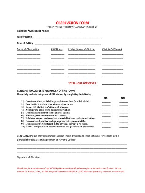 Fillable Online Pre-physical Therapist Assistant Student Observation ...