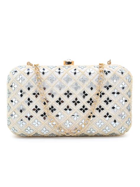 Anekaant Off White Adorn Faux Silk Geometric Clutch with Mirror Work