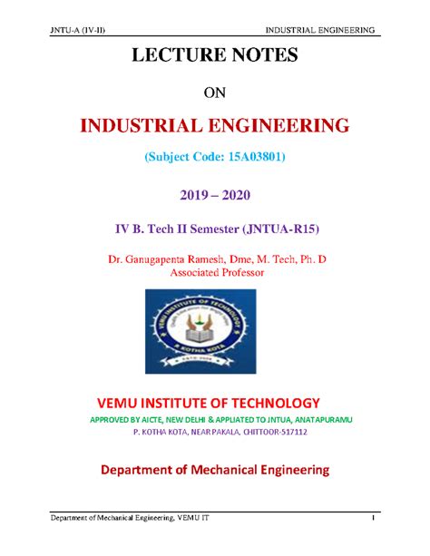 Industrial Engineering (15A03801) Lecture Notes & Key Concepts - Studocu