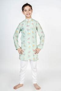 Buy Green Muslin Embroidery Printed Mandarin Collar Kurta Set For Boys ...
