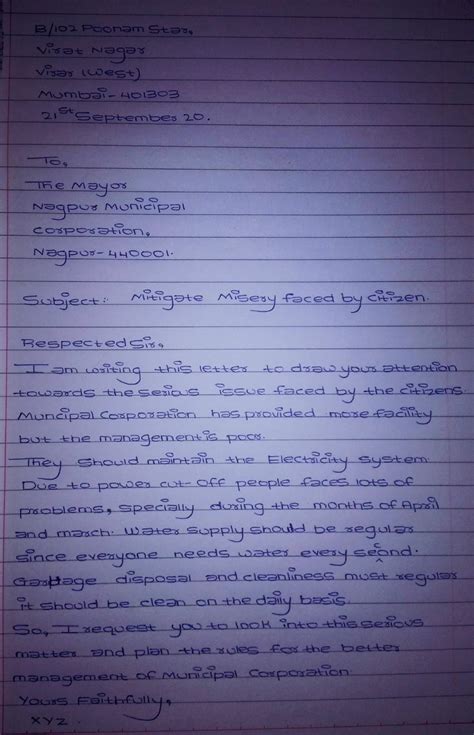 Write a letter to the mayour of nagpur municipal corporation suggestion ...