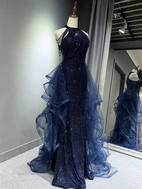 Navy Blue Sequins Long Prom Party Dress from Little Cute in 2025 | Prom ...