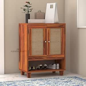 Finhomy Solid Sheesham Wood Shoe Rack with Cane Doors & Open Shelf ...