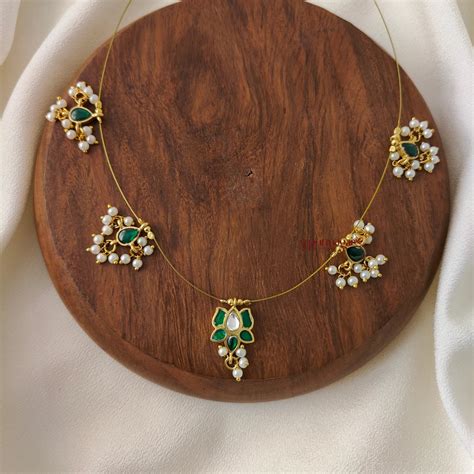Lotus Kundan Jadau Invisible Necklace - Green with White – AJ Punnagai