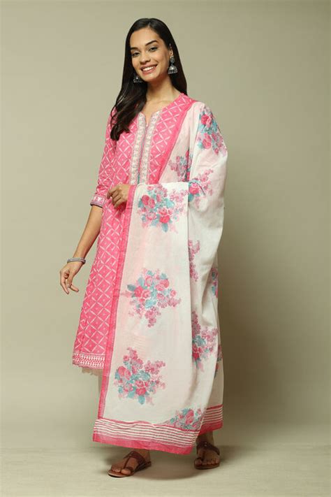 Pink Cotton Anarkali Kurta Palazzo Suit Set