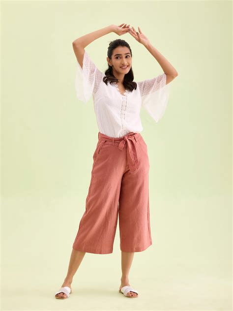 Women's Solid Rust Linen Mid-Rise Culottes for women - GoColors