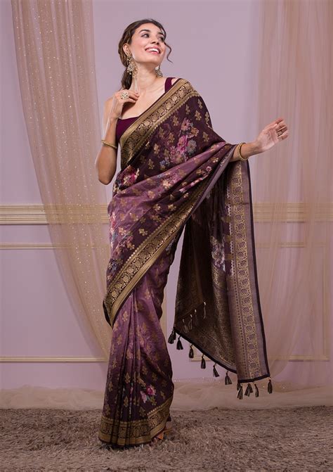 Buy Brown Swarovski Banarasi Silk Saree - Koskii
