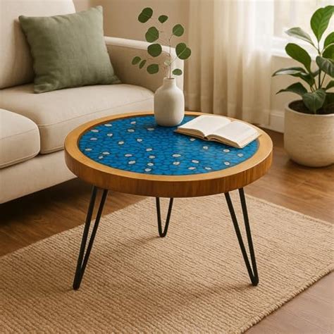 Shy Shy Wooden Epoxy Resin Table with Blue Pebbles and Seashells Inside ...
