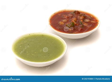 Two Types of Salsa Both Green and Red on a White Background Stock Photo ...