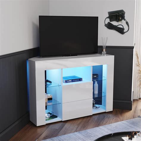 Buy ELEGANT White Corner TV Stand with RGB Lights, High Gloss 100cm ...
