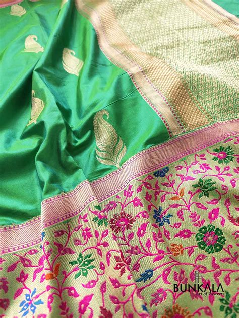 Shop Green Katan Silk Paisley Buti Banarasi Saree Meenakari Border ...