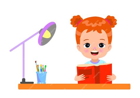Premium Vector | A girl reading a book with a lamp on the table.
