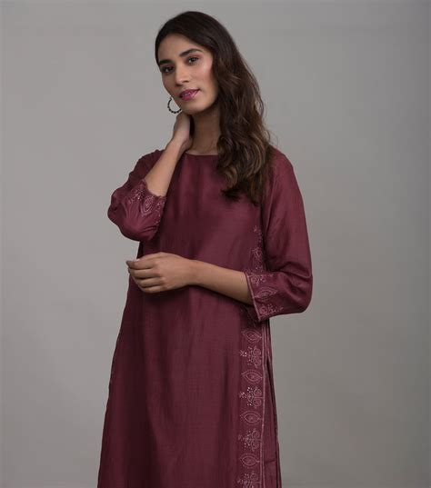 Wine Embroidered Cotton Silk Kurta & Cotton Palazzo Set – Tulsi Online