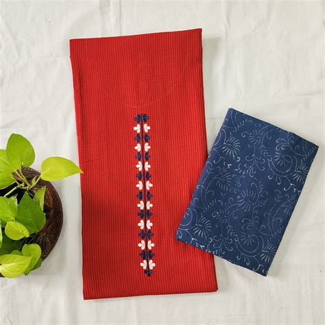 MAAVNI-Pure Cotton Kaatha Red With Blue Neck Emboriderey With Cotton D ...