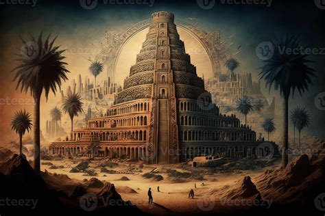 Ancient city of Babylon with the tower of Babel, bible and religion ...