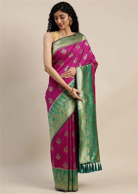 Get Pink And Green Silk Blend Woven Design Banarasi Saree at ₹ 1249 ...