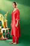 Buy Red Chanderi Silk Embroidery, Stones, Tassels V-neck Hand Kurta Set ...