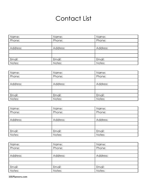 Editable Contact List Template
