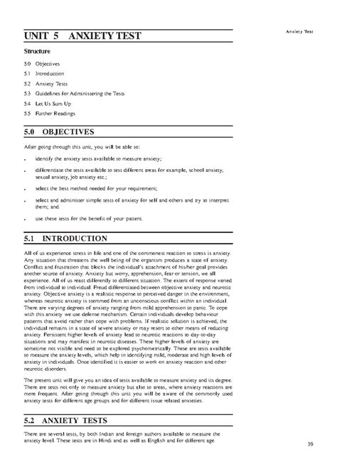 UNIT 5: ANXIETY TEST STRUCTURE AND ADMINISTRATION - Studocu