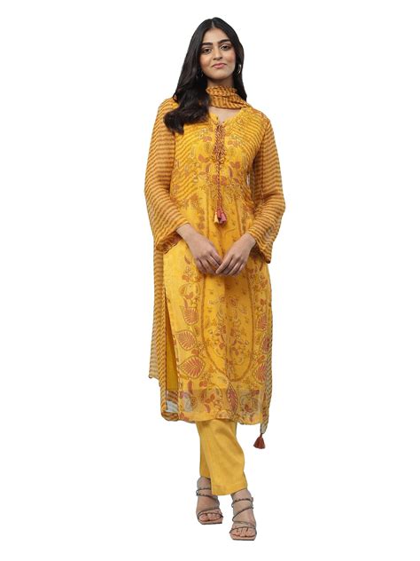 Buy Aarke Ritu Kumar Yellow Printed Kurta With Pant And Dupatta at ...