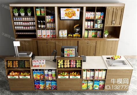现代水果店超市收银台货柜3D模型下载_id:132773_牛模网
