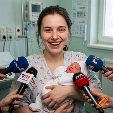 Russian woman holding newborn baby at hospital giving interview on Craiyon