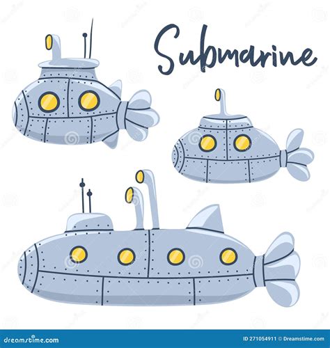 Set of Hand Drawn Submarines with Periscope. Underwater Boats Stock ...