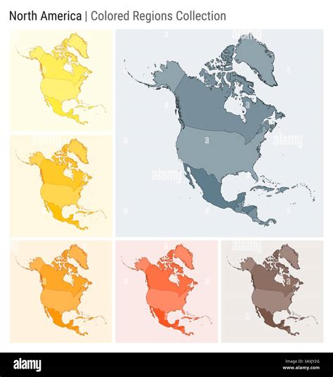 North America. Map collection. Continent shape. Colored countries. Blue Grey, Yellow, Amber ...