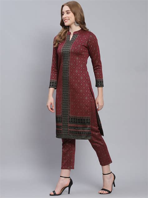 Buy Women Maroon Self Design Collar Full Sleeve Kurtis Set Online in ...