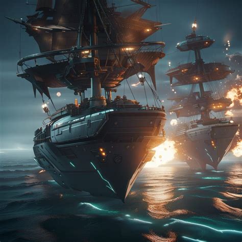 Two sci-fi pirate ships fighting each other and the closer one launches ...