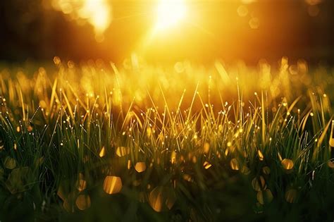 Green grass nature field closeup backlit by golden sunlight with sun ...
