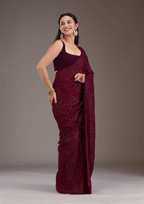 Buy Wine Threadwork Georgette Saree - Koskii